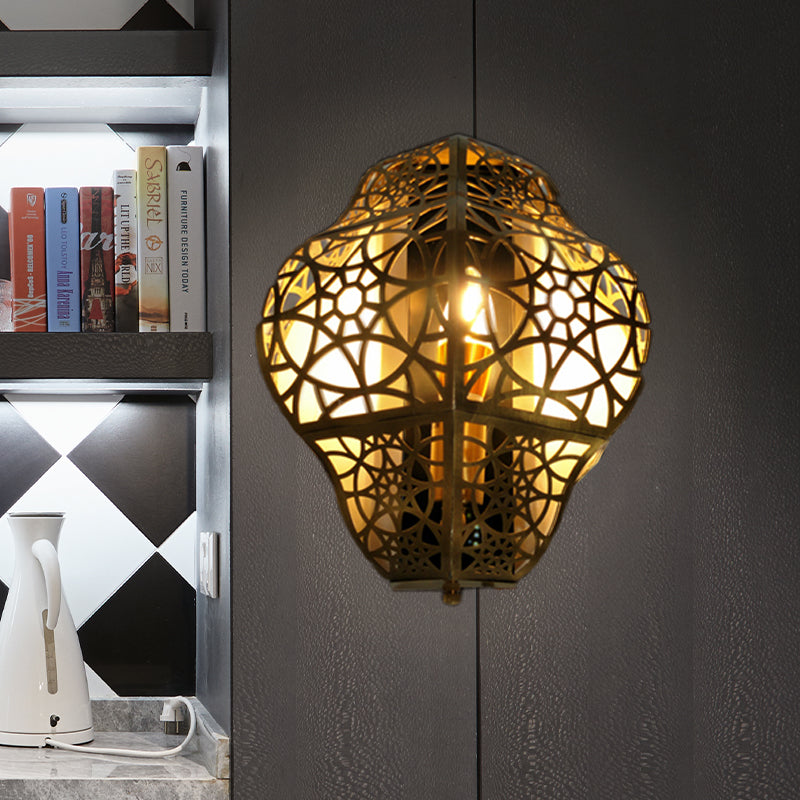 Brass Hollow-Out Sconce Light Arab Metallic 1 Bulb Corner Wall Mount Lamp Fixture