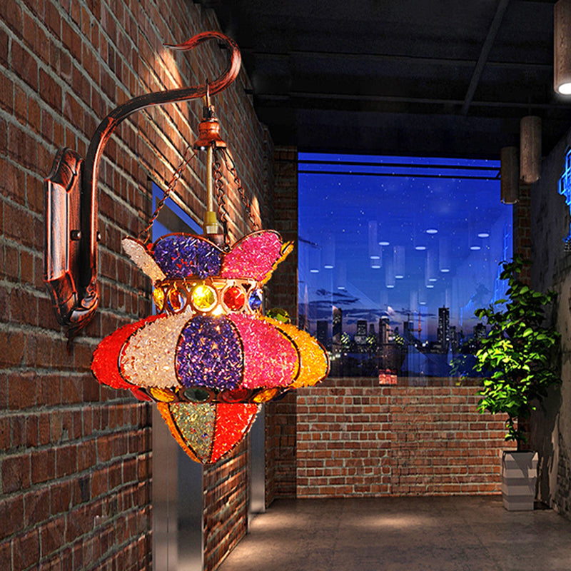 Lantern Restaurant Sconce Lamp Traditional Stained Glass 1 Head Copper Wall Lighting Fixture