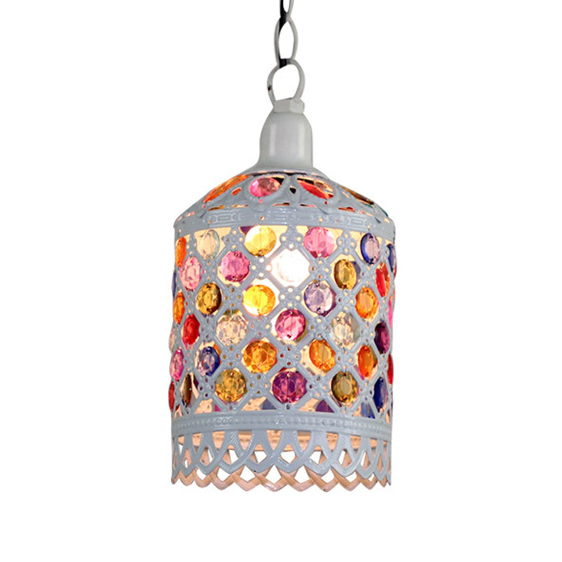 5"/6" Wide White 1 Light Pendant Lighting Traditional Stained Glass Cylinder/Barrel Hanging Light Fixture