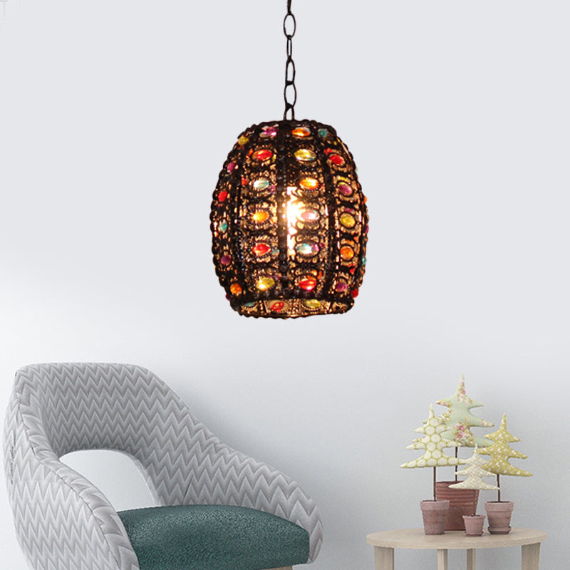 Stained Glass Bronze Hanging Pendant Cylinder/Rectangle/Barrel 1 Head Bohemian Drop Lamp for Living Room
