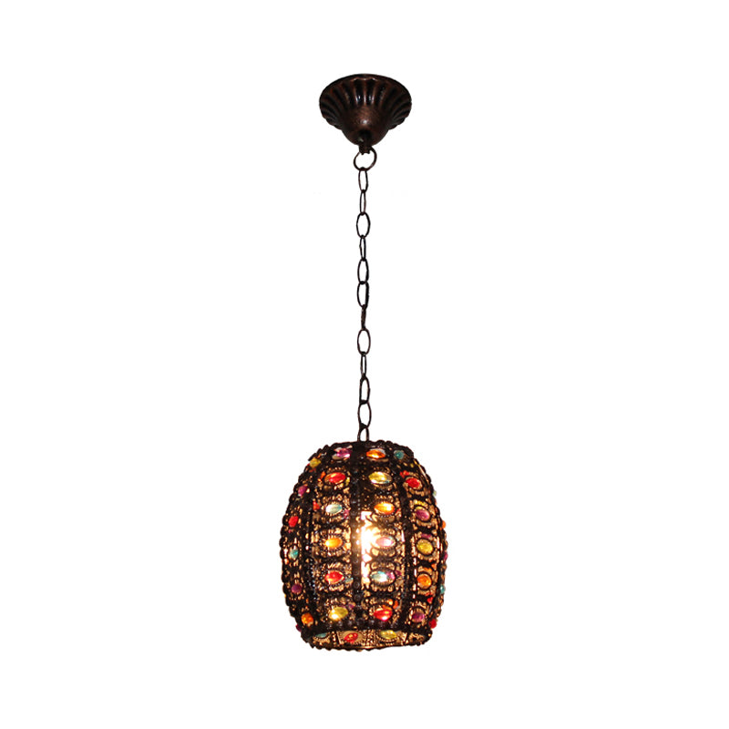 Stained Glass Bronze Hanging Pendant Cylinder/Rectangle/Barrel 1 Head Bohemian Drop Lamp for Living Room