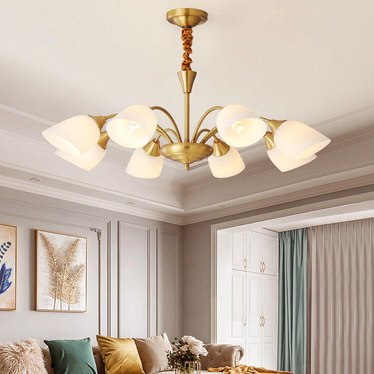 Assiettes d'éclairage Bell Chandelier Style American Multi-Head Suspension Lumière avec une teinte en verre blanche