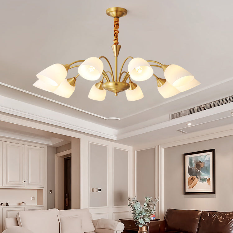 Assiettes d'éclairage Bell Chandelier Style American Multi-Head Suspension Lumière avec une teinte en verre blanche