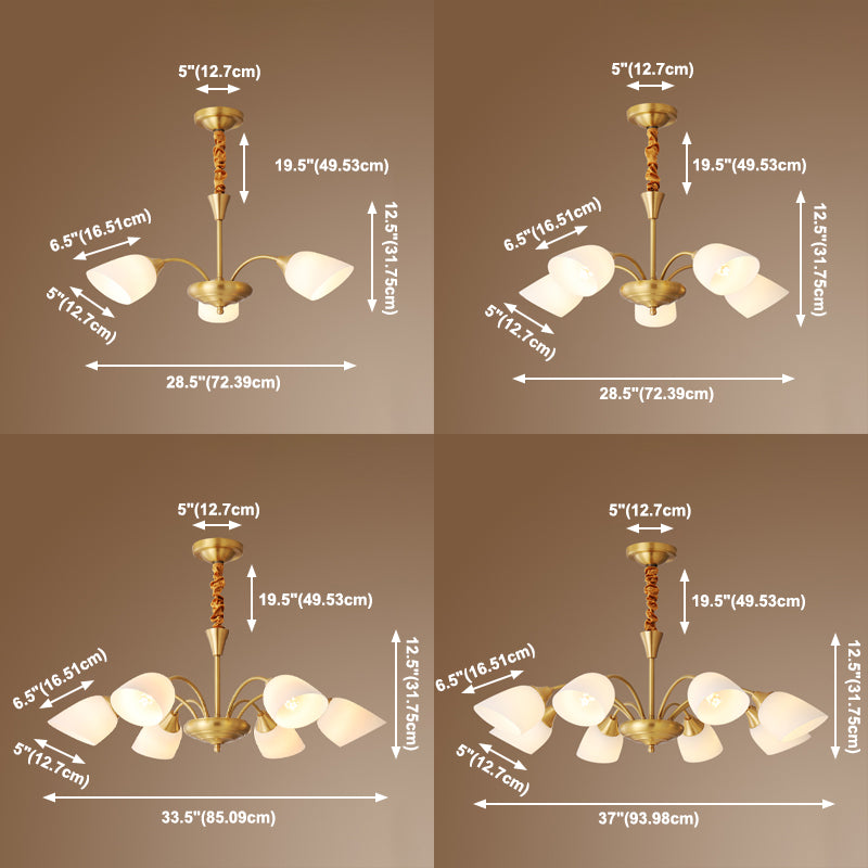 Assiettes d'éclairage Bell Chandelier Style American Multi-Head Suspension Lumière avec une teinte en verre blanche