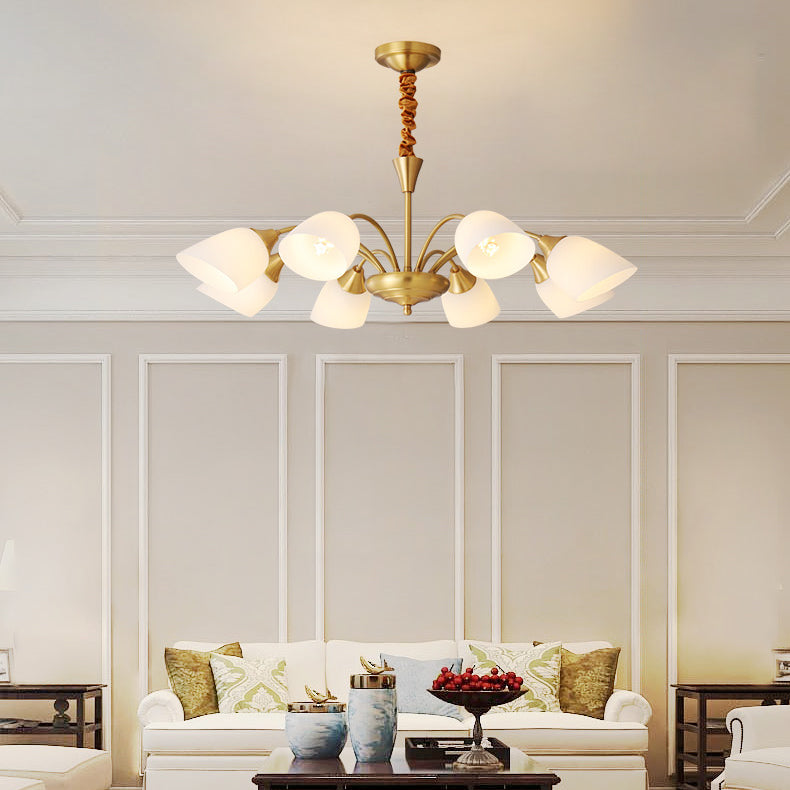 Assiettes d'éclairage Bell Chandelier Style American Multi-Head Suspension Lumière avec une teinte en verre blanche