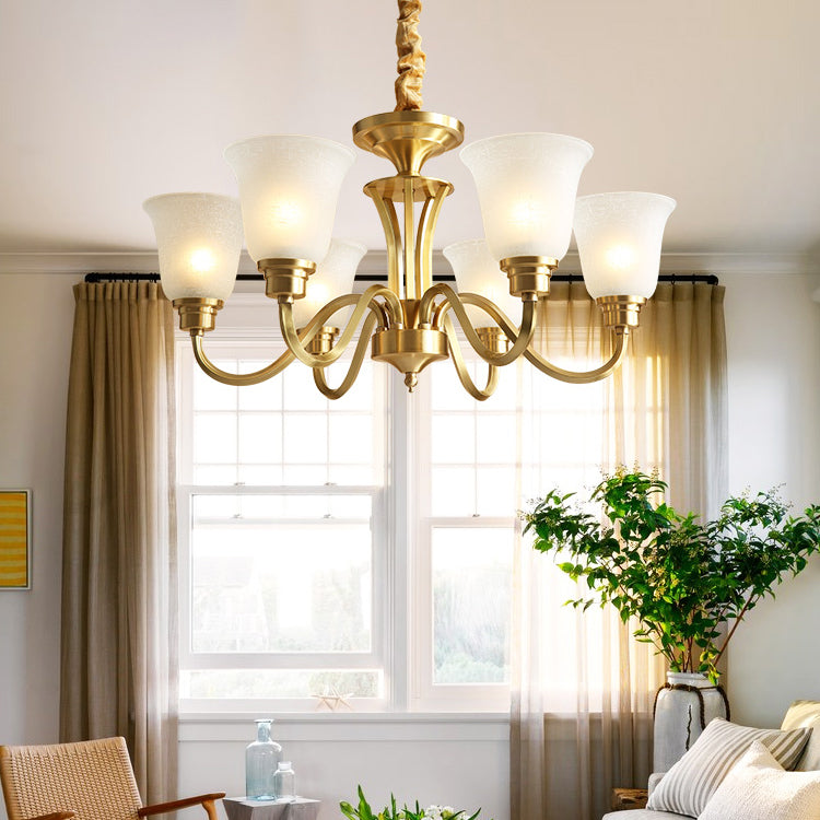 Traditional Brass Chandelier Light Multi-Head Suspension Light with White Glass Shade