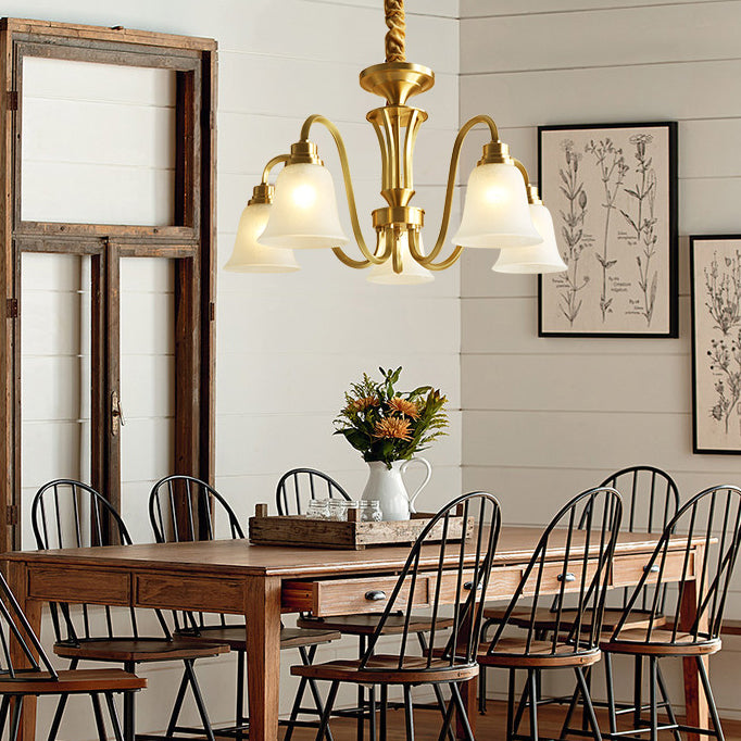 Traditional Brass Chandelier Light Multi-Head Suspension Light with White Glass Shade
