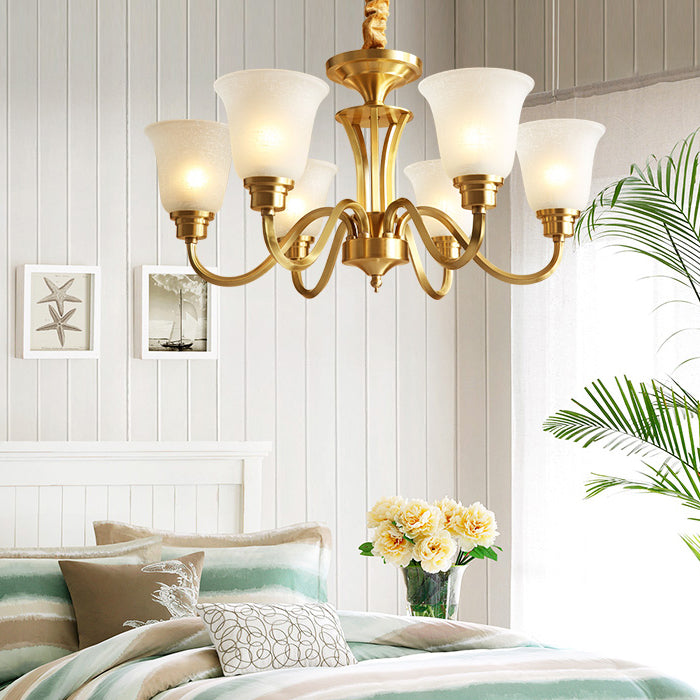 Traditional Brass Chandelier Light Multi-Head Suspension Light with White Glass Shade