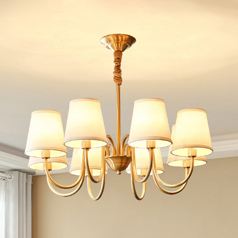 Brass Barrel Chandelier Light American Style Multi-Head Suspension Lamp with Fabric Shade