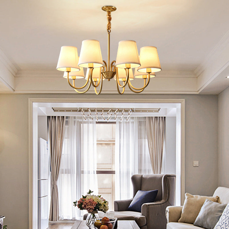 Brass Barrel Chandelier Light American Style Multi-Head Suspension Lamp with Fabric Shade
