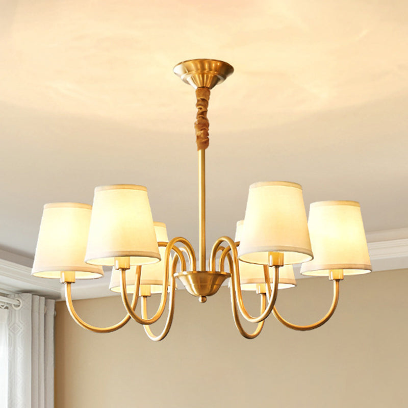 Brass Barrel Chandelier Light American Style Multi-Head Suspension Lamp with Fabric Shade