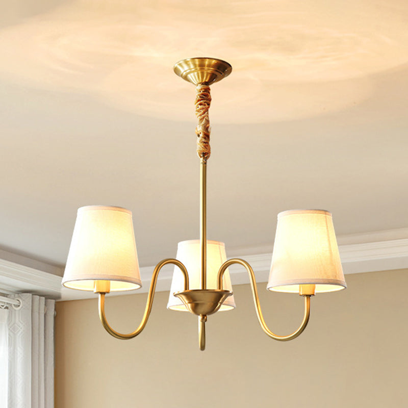 Brass Barrel Chandelier Light American Style Multi-Head Suspension Lamp with Fabric Shade
