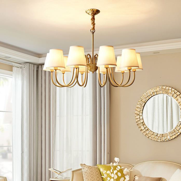 Brass Barrel Chandelier Light American Style Multi-Head Suspension Lamp with Fabric Shade