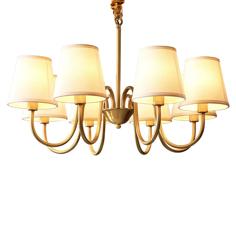 Brass Barrel Chandelier Light American Style Multi-Head Suspension Lamp with Fabric Shade