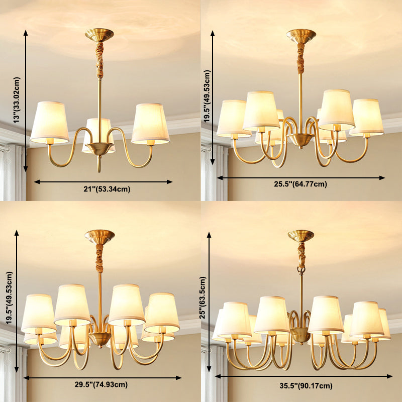 Brass Barrel Chandelier Light American Style Multi-Head Suspension Lamp with Fabric Shade