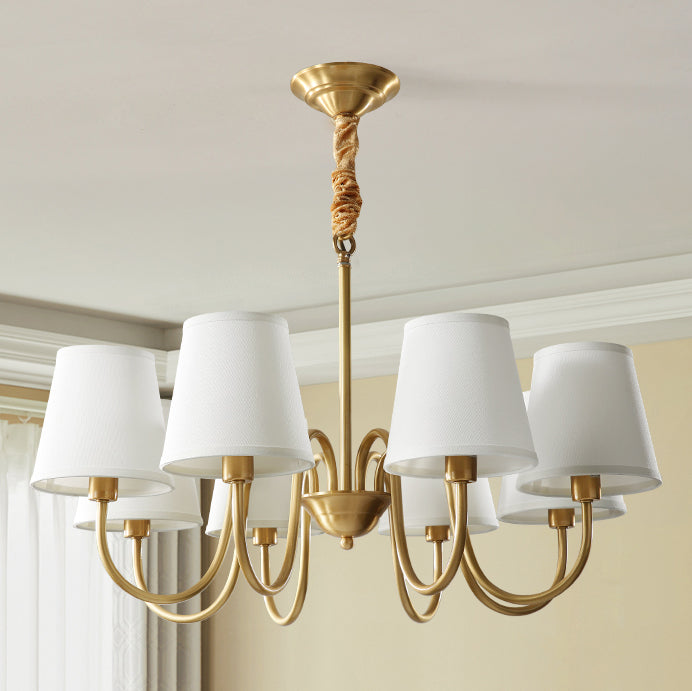 Brass Barrel Chandelier Light American Style Multi-Head Suspension Lamp with Fabric Shade