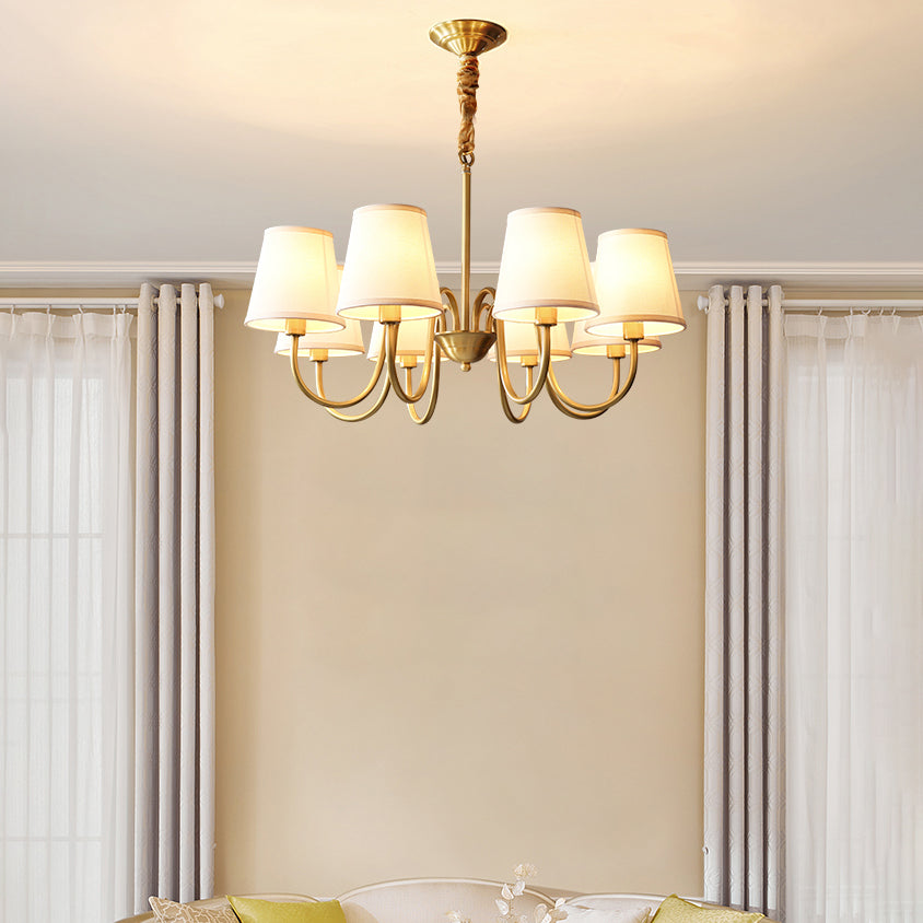 Brass Barrel Chandelier Light American Style Multi-Head Suspension Lamp with Fabric Shade