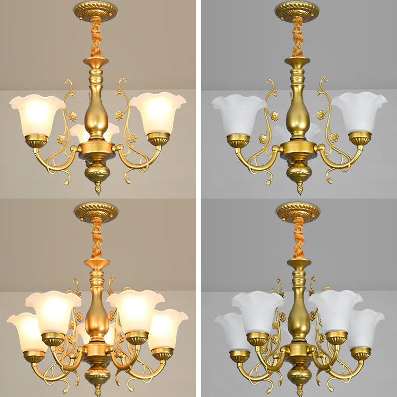 Flower Chandelier Lighting Fixtures Traditional Multi-Head Suspension Light with White Glass Shade