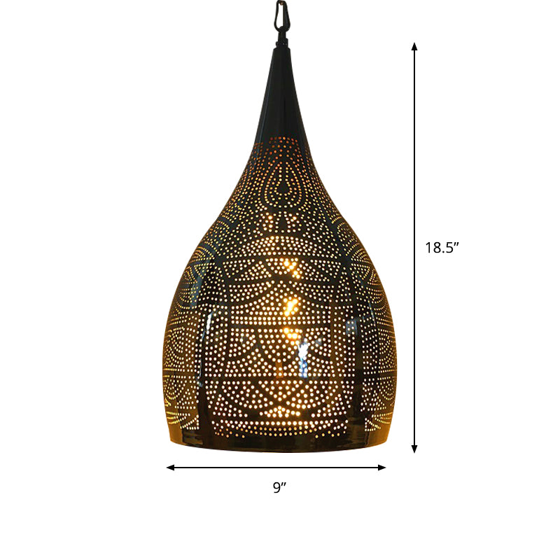 Urn Shape Metal Hanging Light Kit Arab 1-Head 9"/12" Wide Living Room Suspension Lamp in Black
