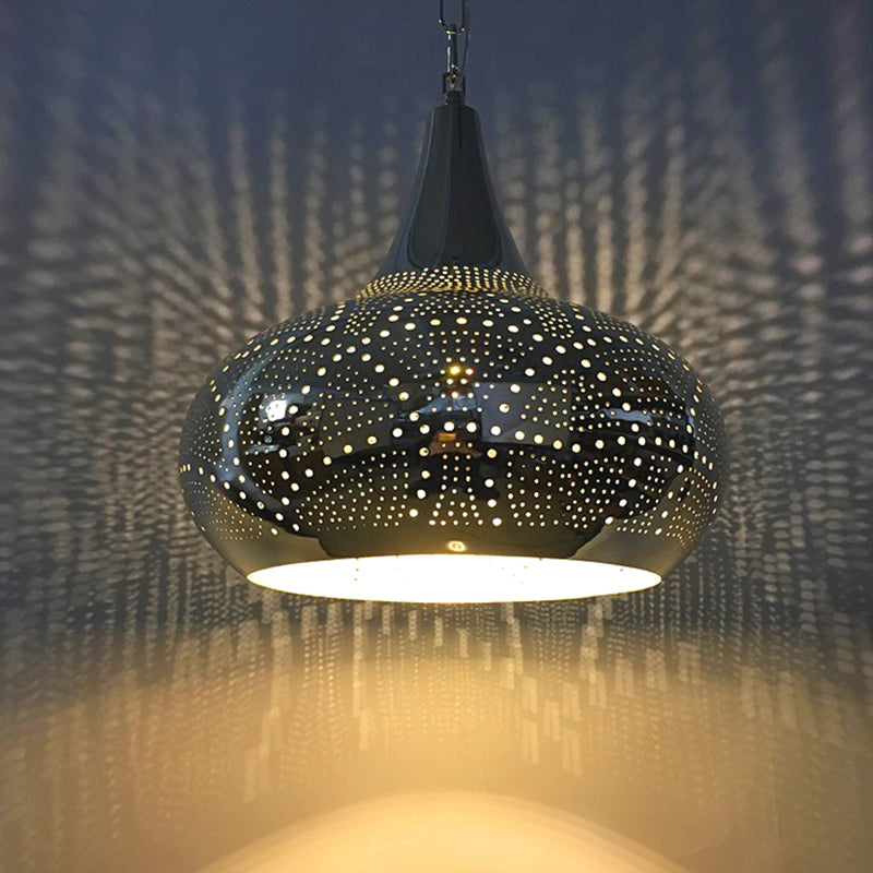 Urn Shape Metal Hanging Light Kit Arab 1-Head 9"/12" Wide Living Room Suspension Lamp in Black