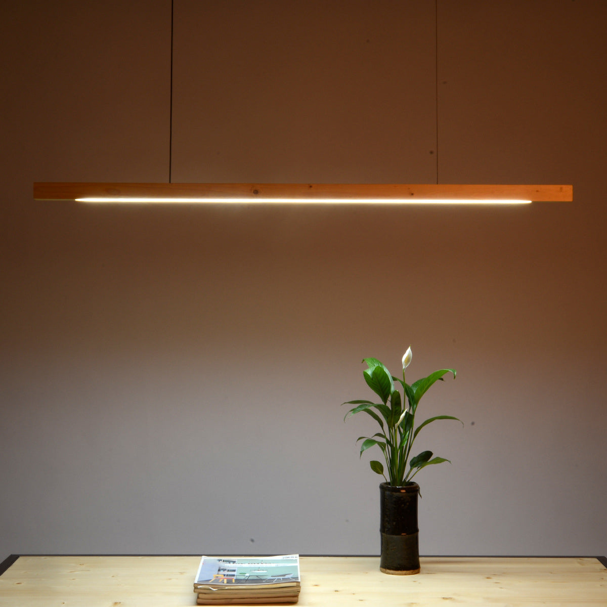 Minimalist 1 Light Wood Island Lamp Linear LED Long Strip Hanging Light