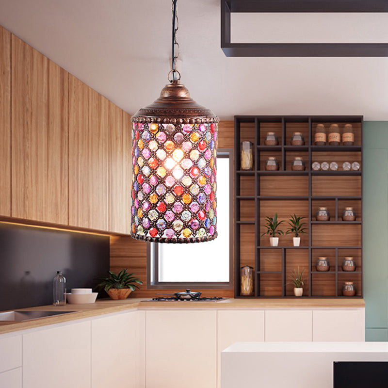 Antique Cylinder Ceiling Pendant Light 1 Bulb Metal Hanging Lamp in Rust for Restaurant