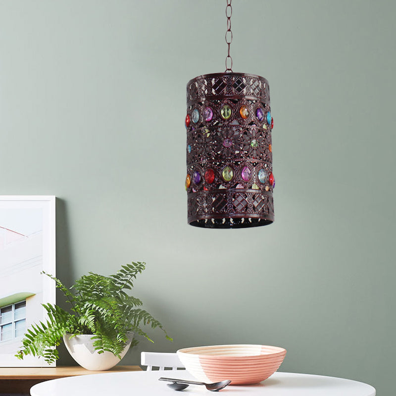 4.5"/6" W Rust Cylinder Suspension Lighting Bohemian Metal 1 Head Dining Room Pendant Light