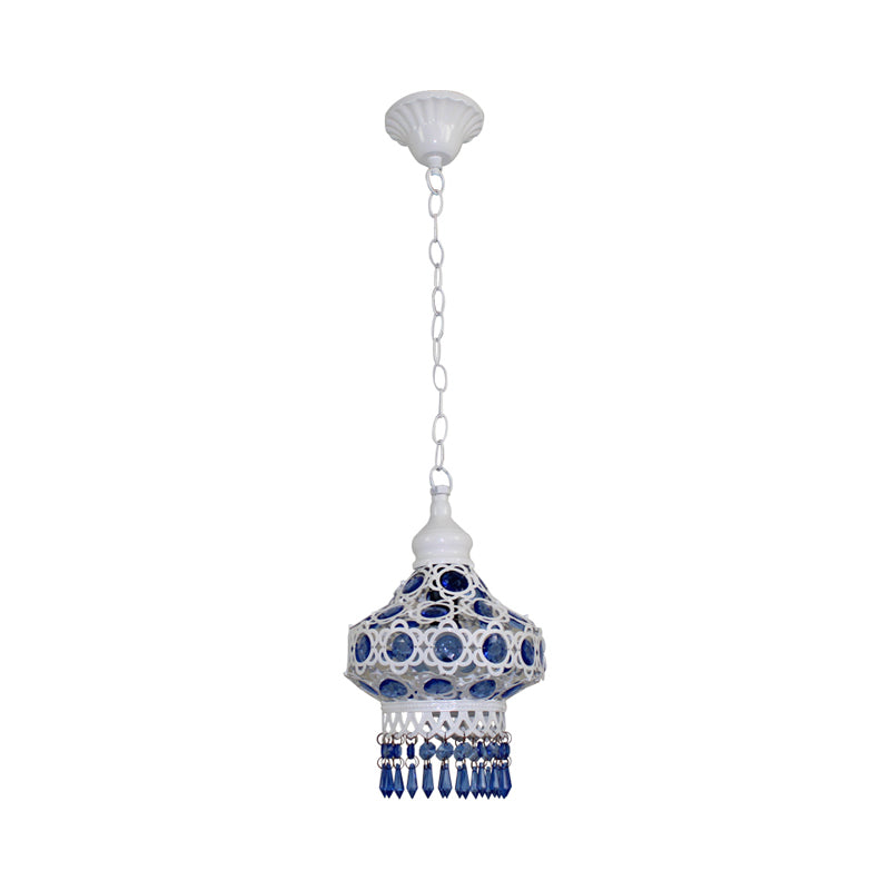 Lantern Metal Ceiling Pendant Bohemian 1 Light Living Room Hanging Ceiling Light in White/Blue