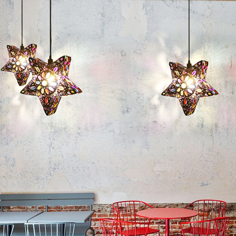 Metal Pentagram Pendant Ceiling Light Art Deco 1 Head Dining Room Drop Lamp in Black/Red/Yellow