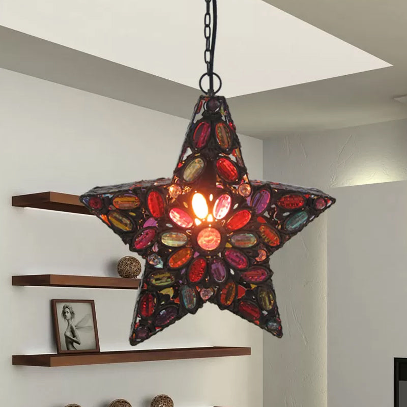 Metal Pentagram Pendant Ceiling Light Bohemian 1 Head Living Room Drop Lamp in Red