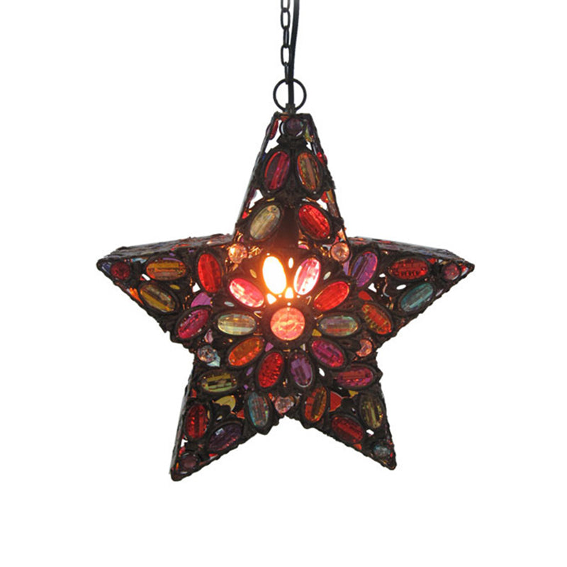 Metal Pentagram Pendant Ceiling Light Bohemian 1 Head Living Room Drop Lamp in Red