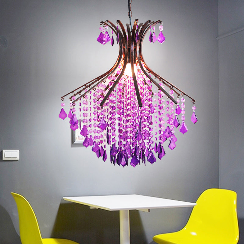 1-Head Pendant Ceiling Light Traditional Restaurant Suspension Lighting with Cascade Crystal in Purple