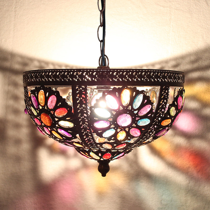 Bowl Restaurant Pendant Light Kit Art Deco Stained Glass 1 Bulb Rust Down Lighting