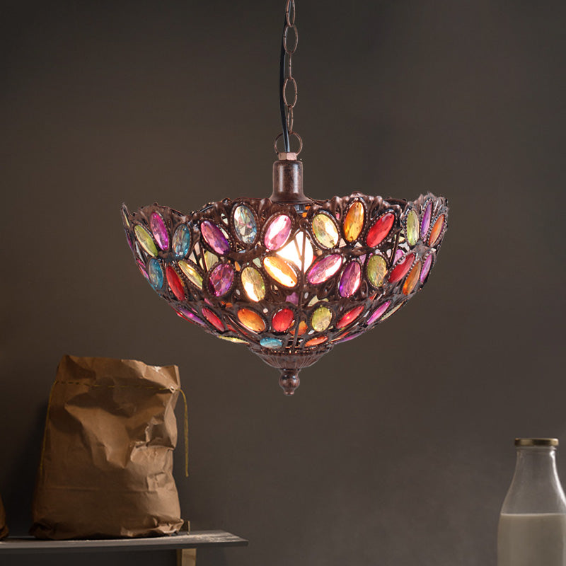 Rust Bowl Shape Hanging Light Bohemian Metal 1 Bulb Restaurant Pendant Lighting Fixture
