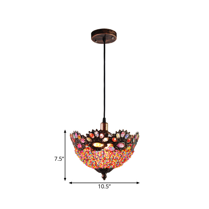 Bohemian Bowl Hanging Light Fixture 1 Light Metal Drop Pendant in Rust for Restaurant