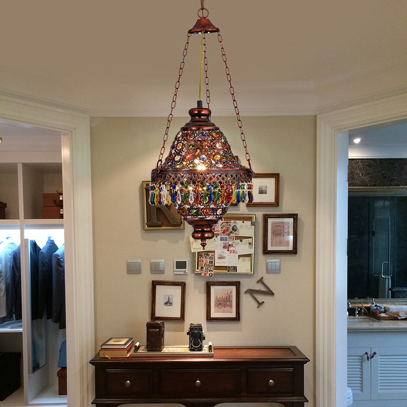 Lantern Metal Hanging Light Kit Vintage 1 Head Bedroom Suspension Pendant in Copper