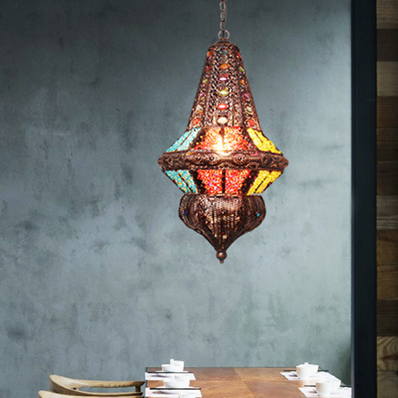Red/Bronze 1 Light Pendant Lighting Traditional Metal Lantern Hanging Light Fixture for Restaurant