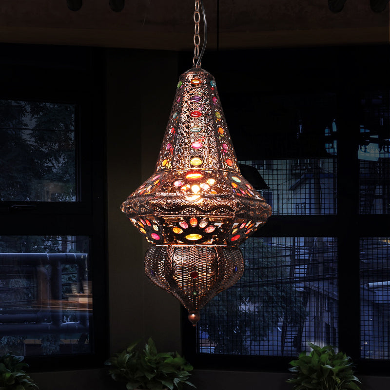 Red/Bronze 1 Light Pendant Lighting Traditional Metal Lantern Hanging Light Fixture for Restaurant