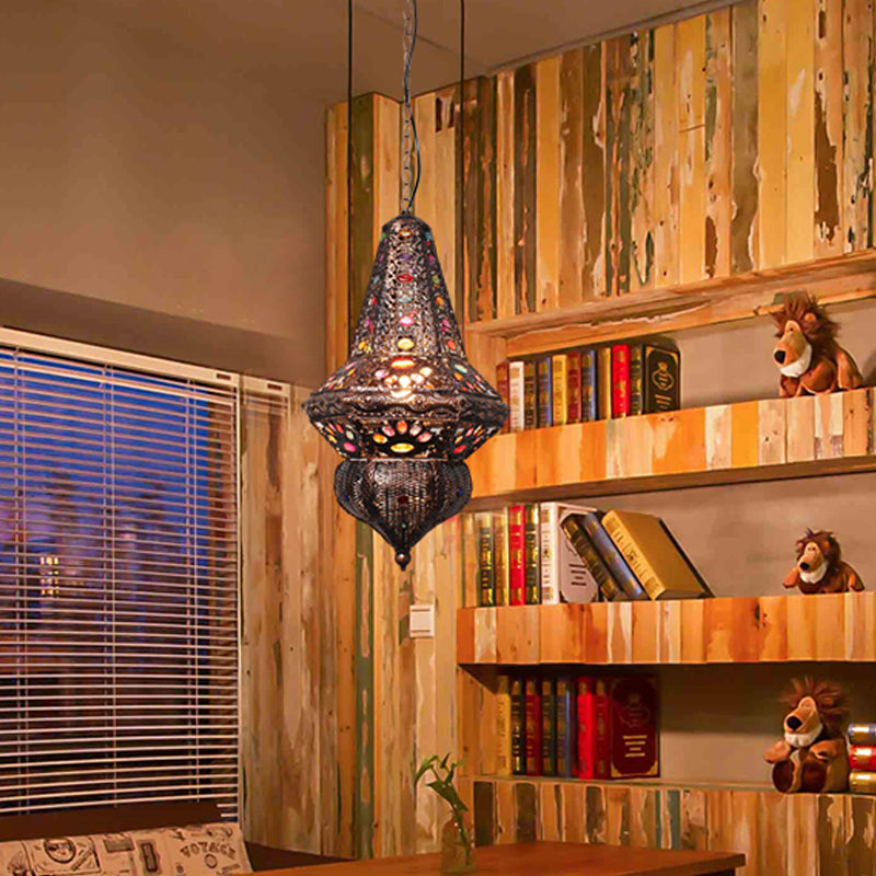 Red/Bronze 1 Light Pendant Lighting Traditional Metal Lantern Hanging Light Fixture for Restaurant