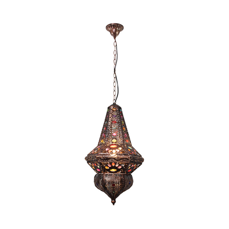 Red/Bronze 1 Light Pendant Lighting Traditional Metal Lantern Hanging Light Fixture for Restaurant