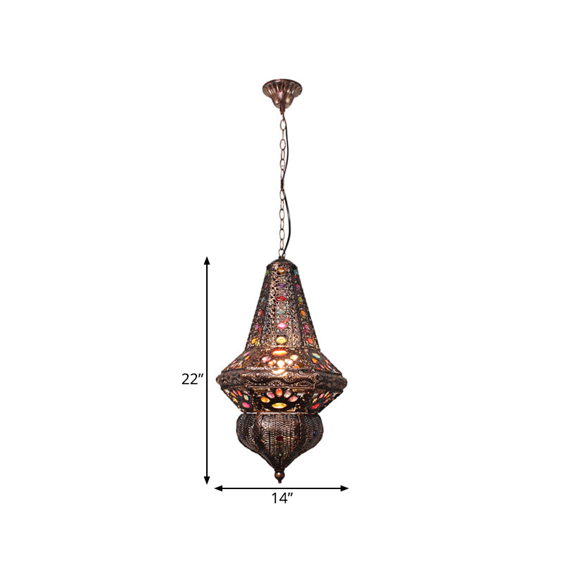 Red/Bronze 1 Light Pendant Lighting Traditional Metal Lantern Hanging Light Fixture for Restaurant