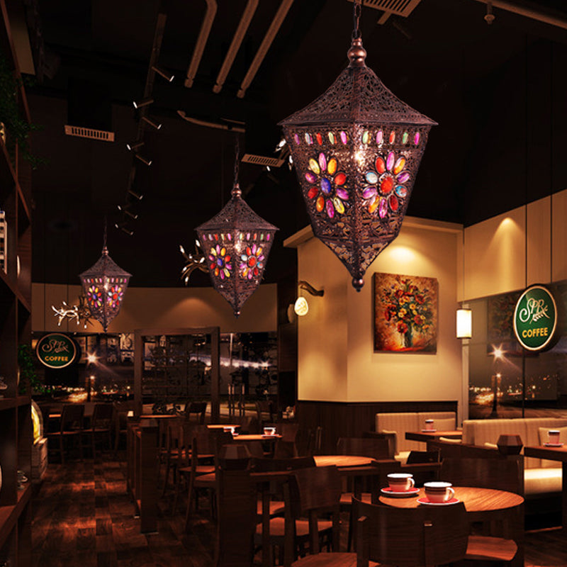 Rust Lantern Hanging Lamp Kit Traditional Metal 1 Head Restaurant Suspension Lighting