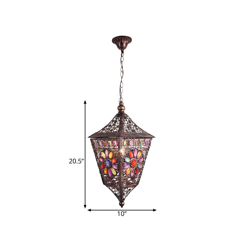 Rust Lantern Hanging Lamp Kit Traditional Metal 1 Head Restaurant Suspension Lighting