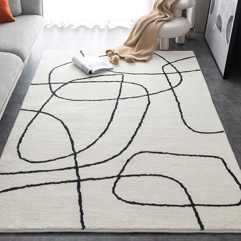 White Abstract Pattern Rug Modern Polyester Area Carpet Non-Slip Backing Rug for Home Decor