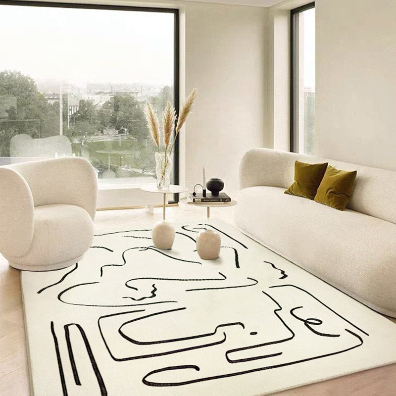 White Abstract Pattern Rug Modern Polyester Area Carpet Non-Slip Backing Rug for Home Decor