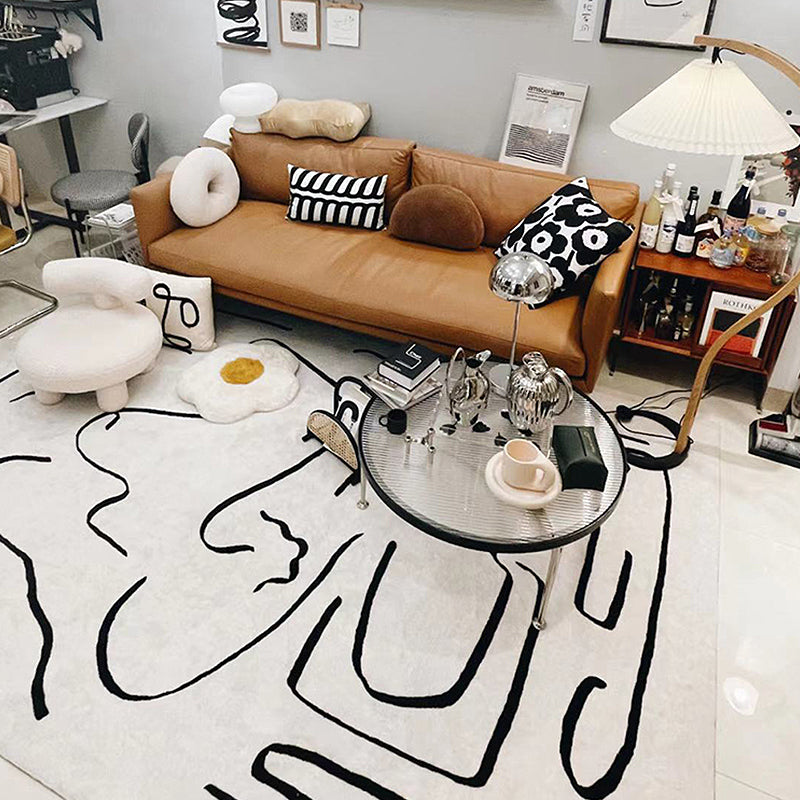 White Abstract Pattern Rug Modern Polyester Area Carpet Non-Slip Backing Rug for Home Decor