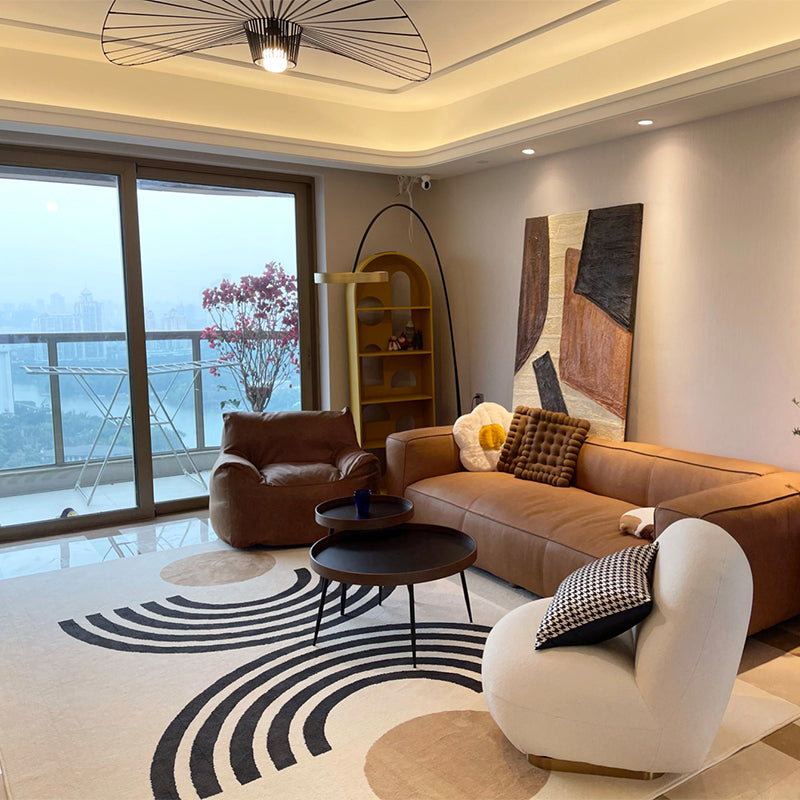 Fancy White Area Carpet Stripe Pattern Modern Area Rug Polyester Non-Slip Backing Rug for Home Decor