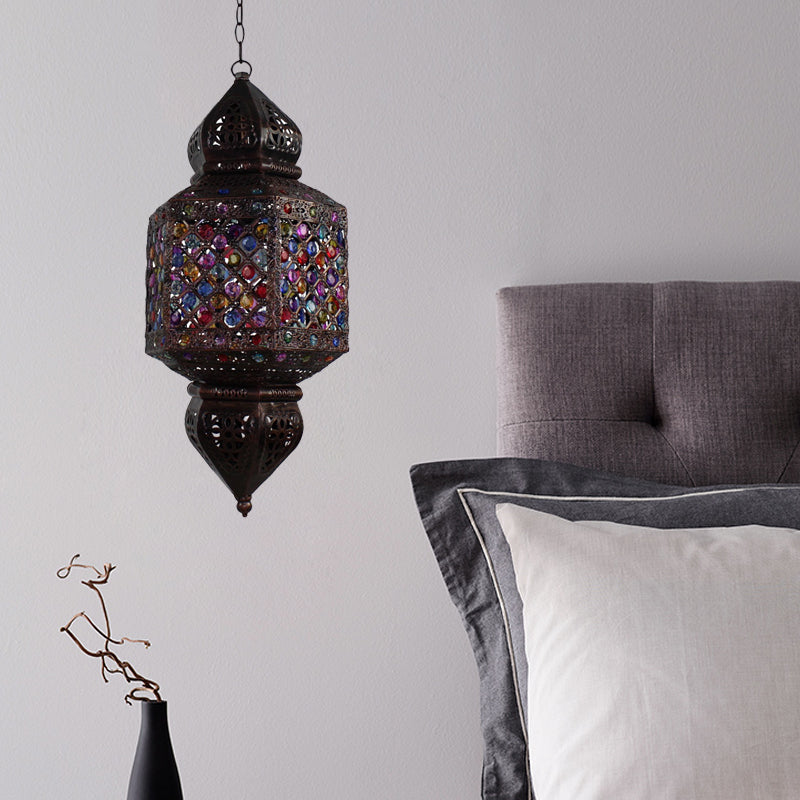 Metal Bronze Suspended Lighting Fixture Lantern 1 Head Vintage Ceiling Pendant Light for Bedroom