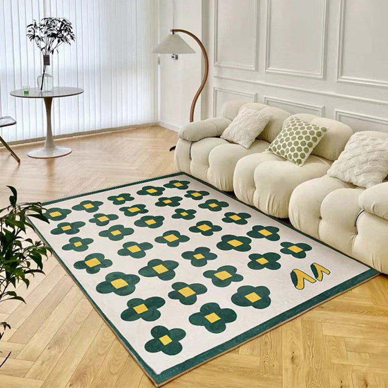 Green Modern Carpet Floral Pattern Polyester Area Rug Easy Care Washable Rug for Home Decor