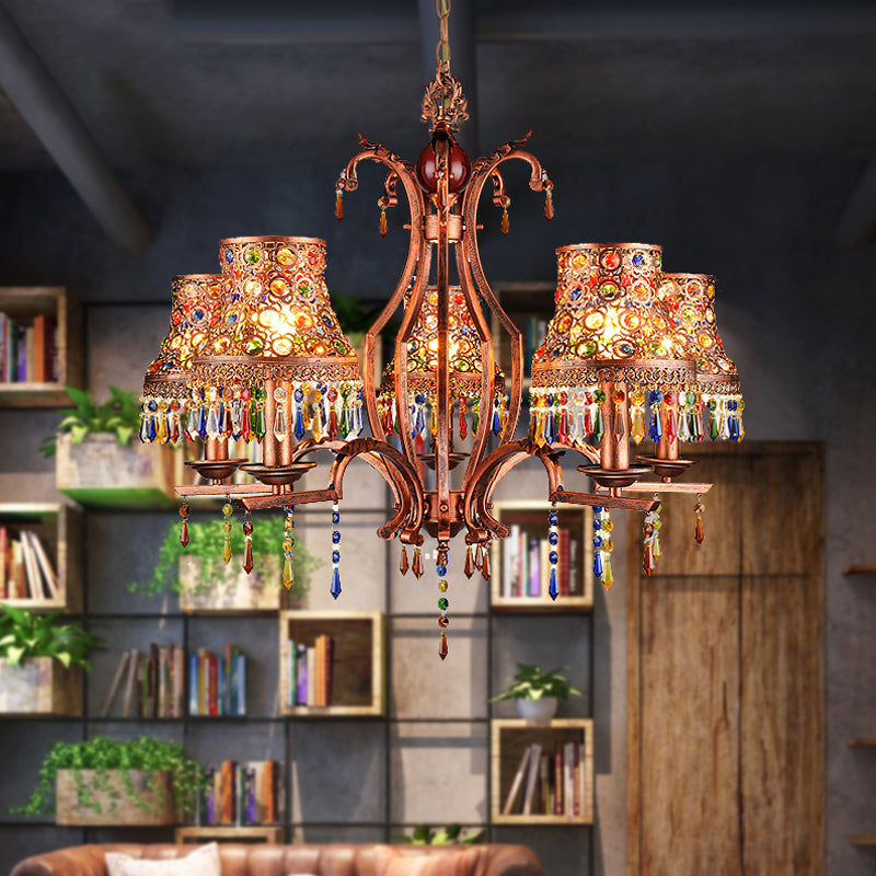 Metal Copper Chandelier Light Fixture Bell 3/5/8 Bulbs Bohemian Ceiling Pendant for Living Room